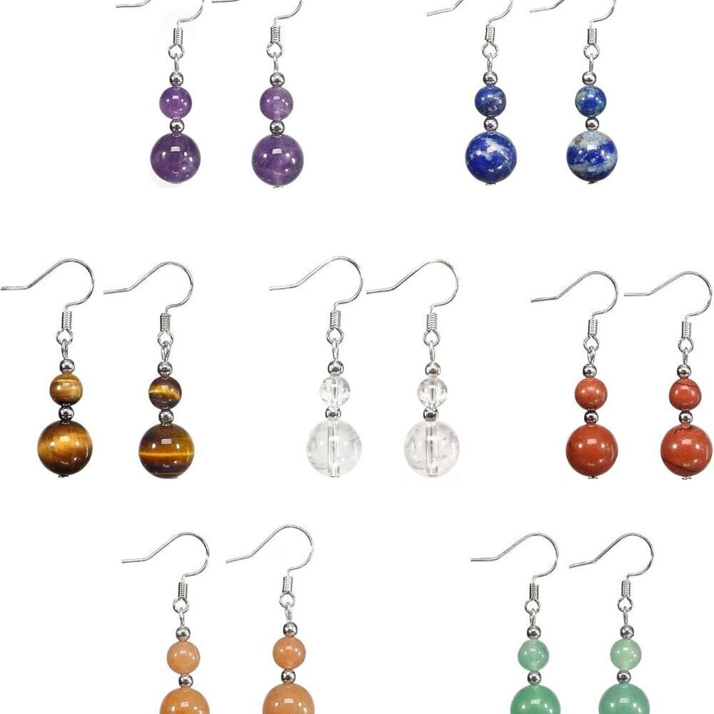 Natural Stone Beaded Dangle Earrings 7 Pairs Healing Chakra Jewelry Gifts